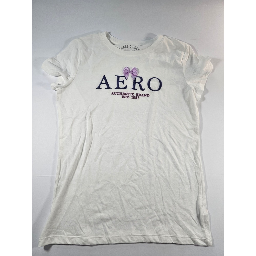 Aeropostale Classic Crew T-Shirt Women Large White Purple Bow Coquette Tee